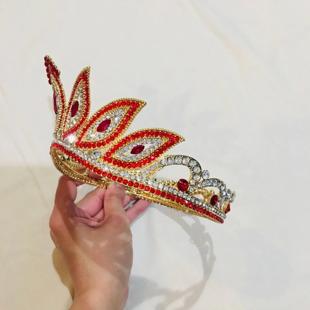 New Ruby and Diamond Rhinestone Gold Metal Crown Tiara Custom Wedding Bridal